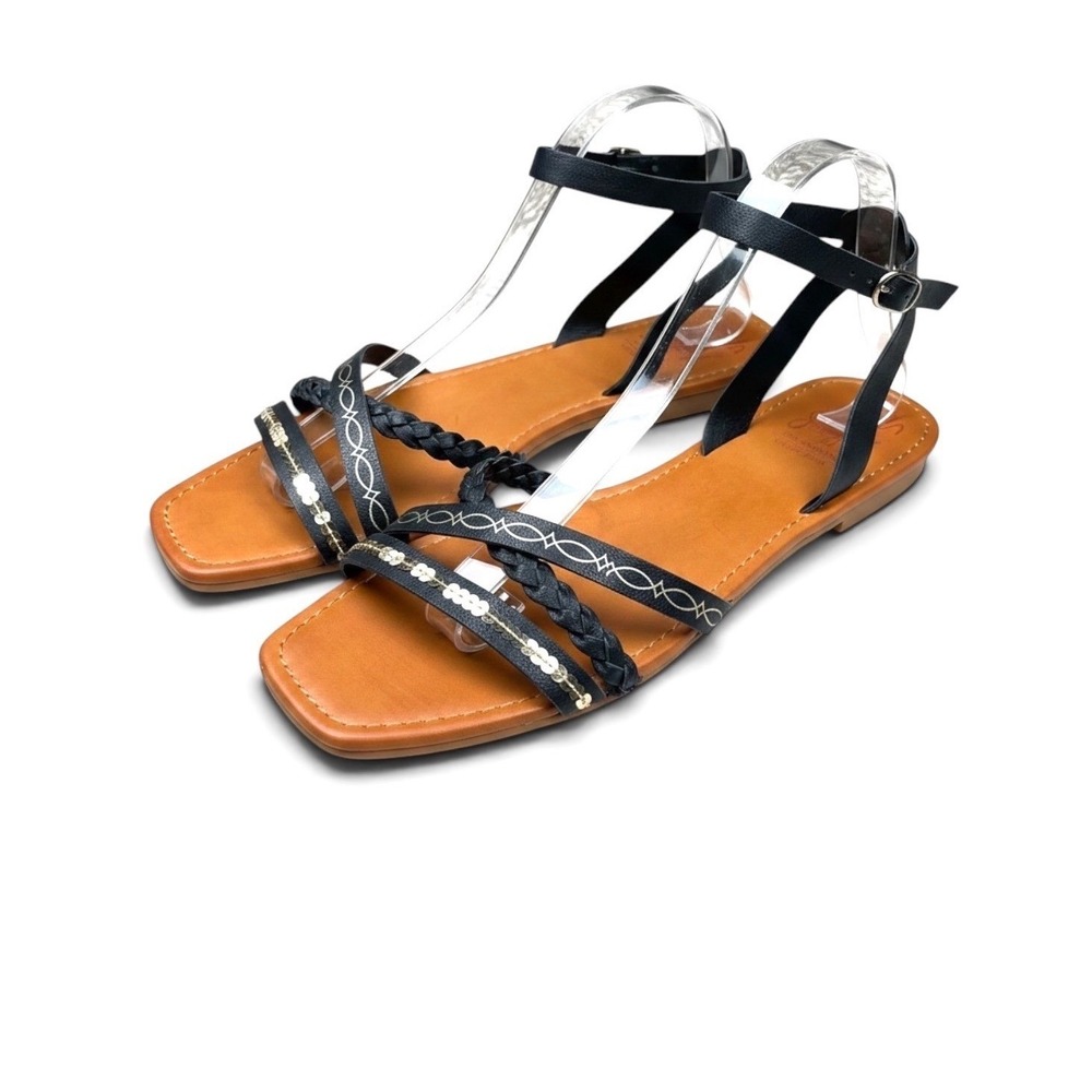 Jellypop Womens Black Willah Flat Strappy Sequin Braided Sandals Size Ten 10M